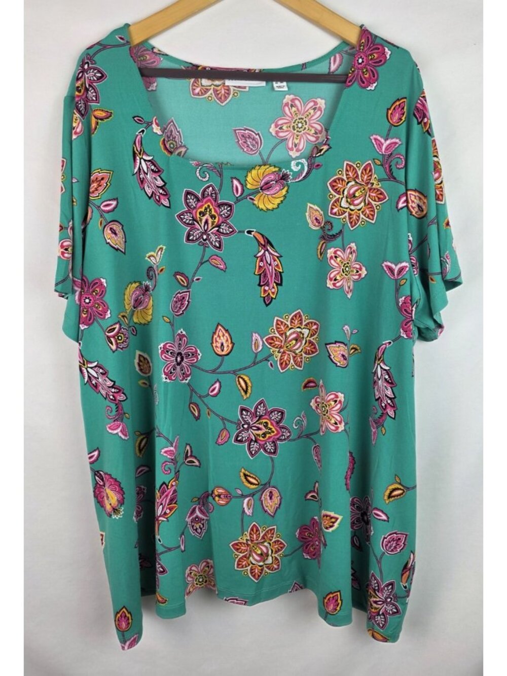 Susan Graver Women's Top Plus Size 3X Green Floral Short Sleeve Shirt Blouse